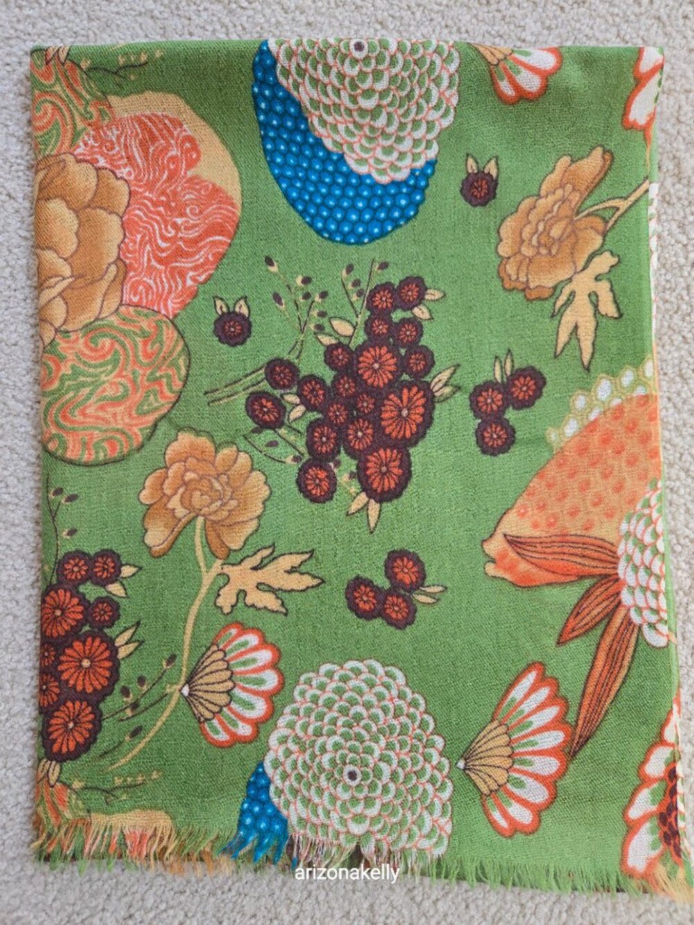 J. Peterman Scarf Wool/Silk Blend Botanical Flowers Green - Picture 12 of 14